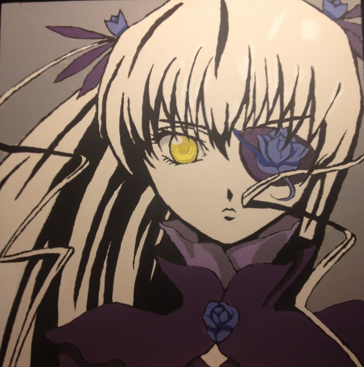 1girl bangs barasuishou blonde_hair blue_flower blue_rose flower gloves hair_ribbon image long_hair looking_at_viewer purple_flower ribbon rose saber_alter simple_background solo two_side_up yellow_eyes