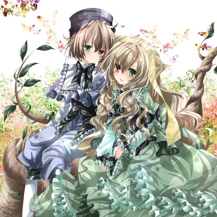 2girls bad_id bad_pixiv_id blush bow brown_hair bug butterfly dress flower frills green_eyes hairband hat heterochromia image insect long_hair long_sleeves multiple_girls nanase_nao nature pair red_eyes ribbon rozen_maiden short_hair siblings sisters sitting smile souseiseki suiseiseki tree twins