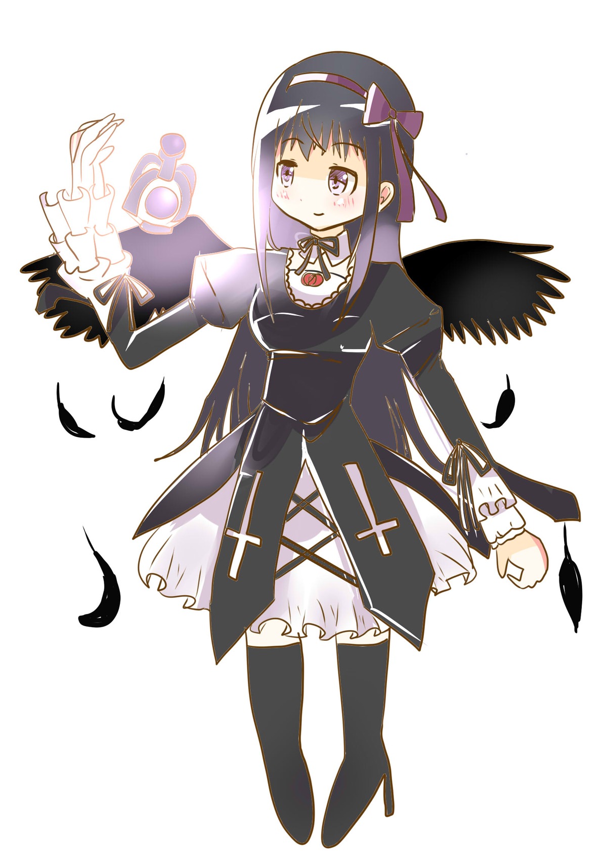 1girl akemi_homura black_feathers black_hair black_wings bow dress feathered_wings feathers hairband high_heels image long_hair long_sleeves looking_at_viewer purple_eyes ribbon solo suigintou thighhighs wings