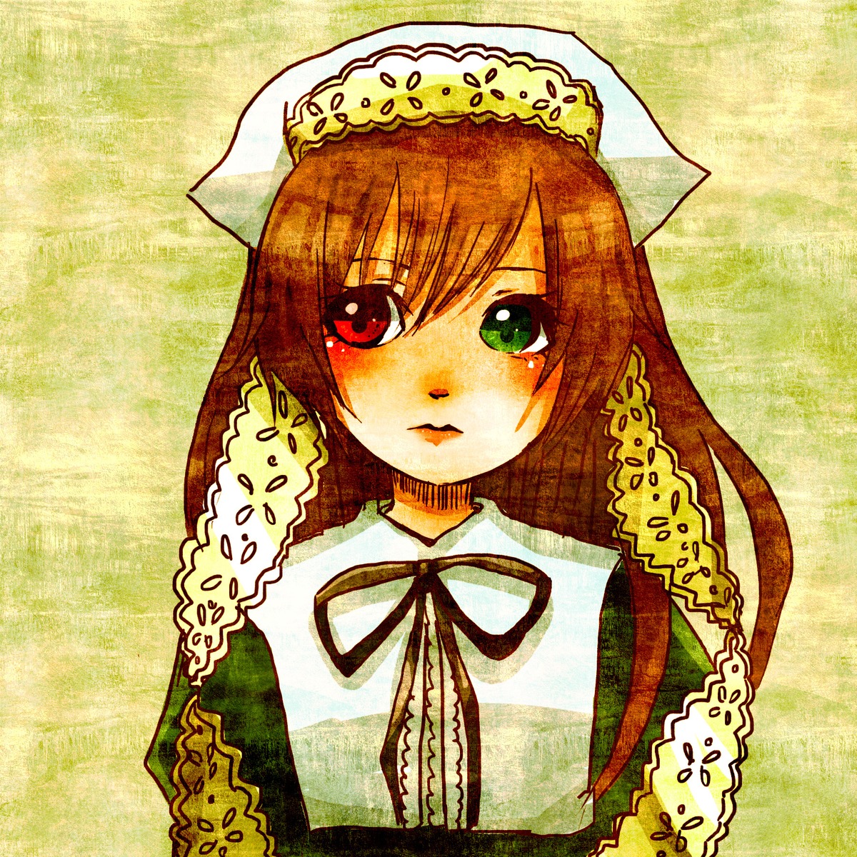 1girl auto_tagged brown_hair dress green_dress green_eyes heterochromia image long_hair long_sleeves looking_at_viewer red_eyes ribbon solo suiseiseki upper_body