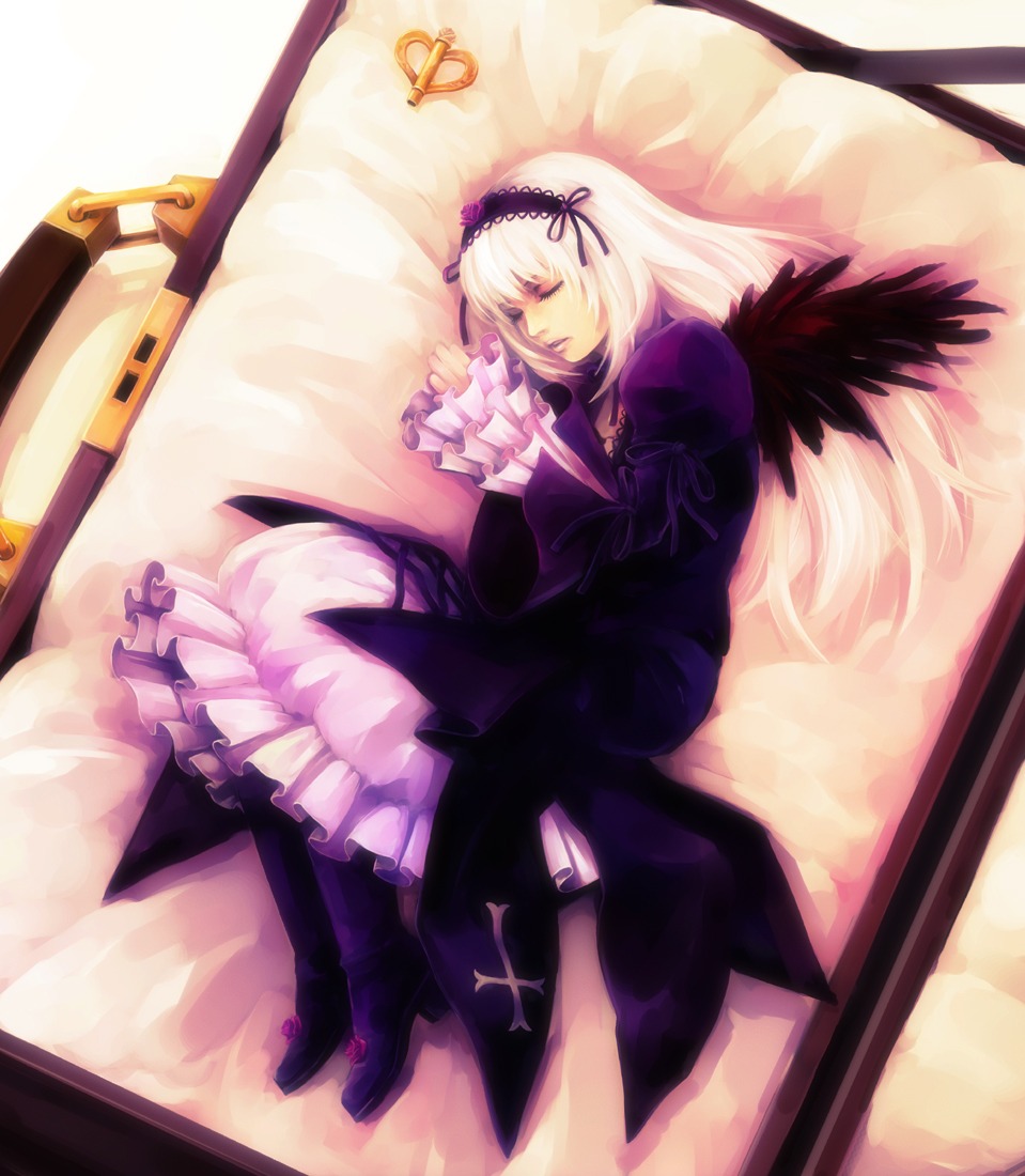 1girl black_wings boots bow closed_eyes commentary_request dress flower frills gothic_lolita hairband hironox image lolita_fashion long_hair long_sleeves lying on_side photoshop_(medium) ribbon rose rozen_maiden silver_hair sleeping solo suigintou white_hair wings