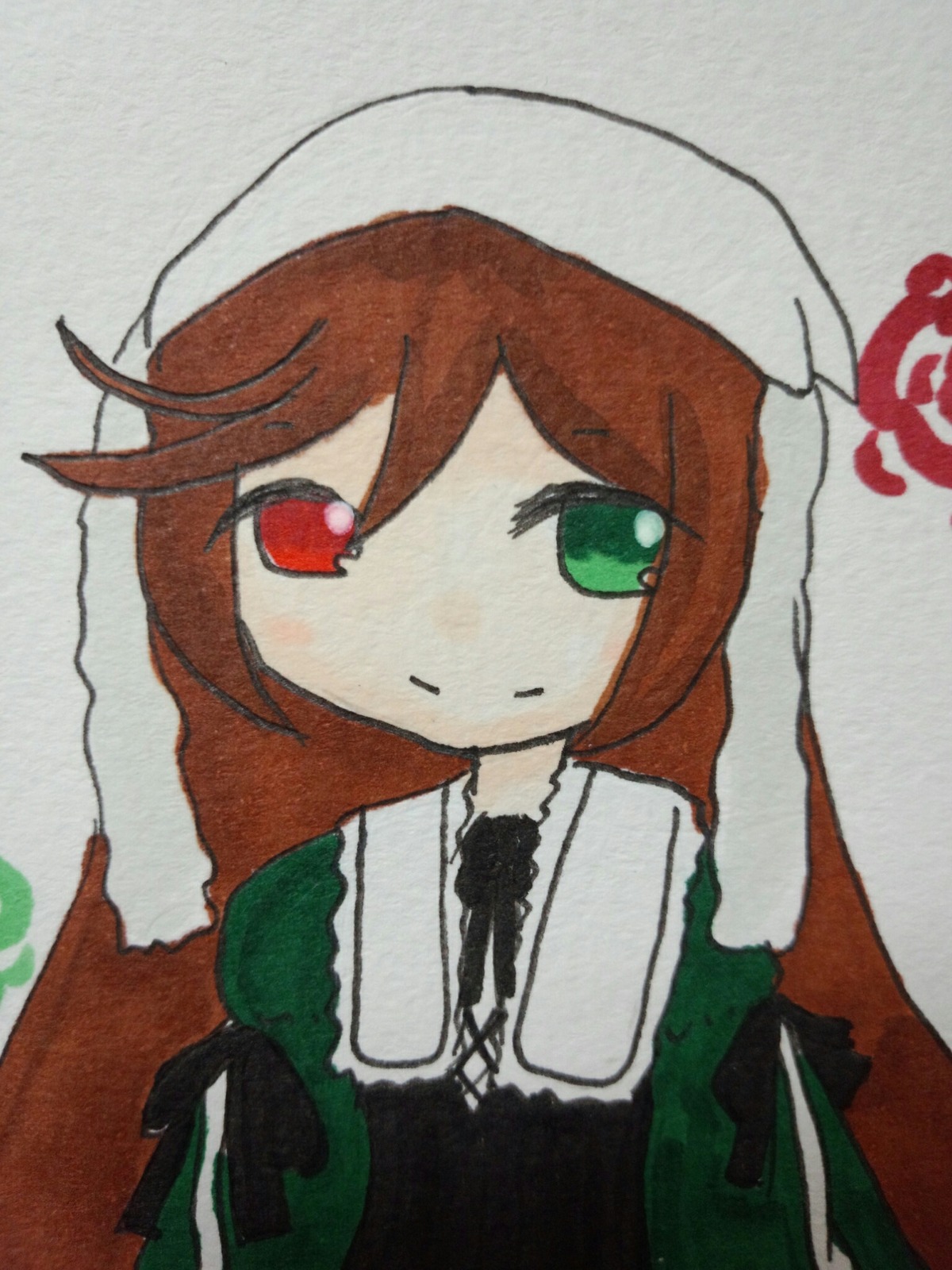 1girl bangs dress expressionless green_dress green_eyes hat head_scarf image juliet_sleeves long_hair long_sleeves looking_at_viewer red_eyes simple_background solo suiseiseki