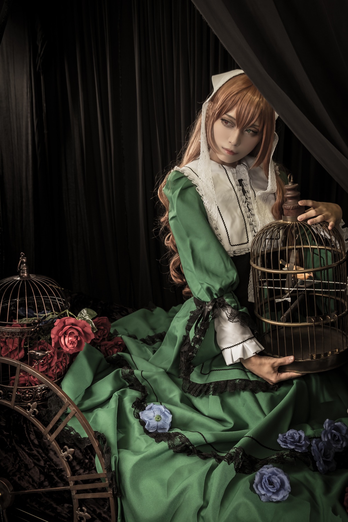 1girl birdcage blonde_hair cage dress drill_hair flower green_dress green_eyes long_hair red_flower red_rose rose smile solo suiseiseki