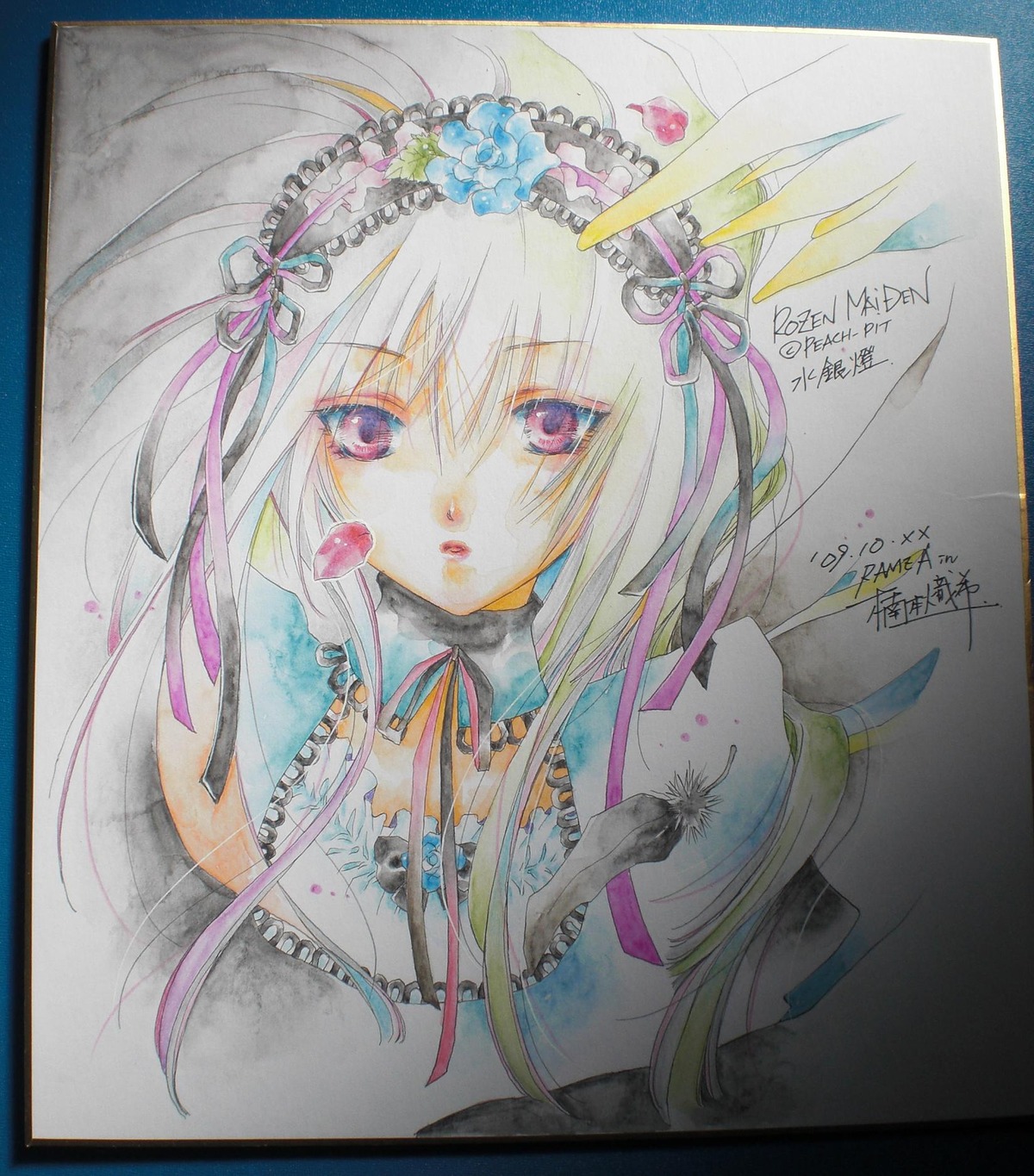 1girl colored_pencil_(medium) dated eyebrows_visible_through_hair hair_ribbon image long_hair looking_at_viewer neck_ribbon photo purple_eyes ribbon shikishi solo suigintou traditional_media watercolor_(medium)