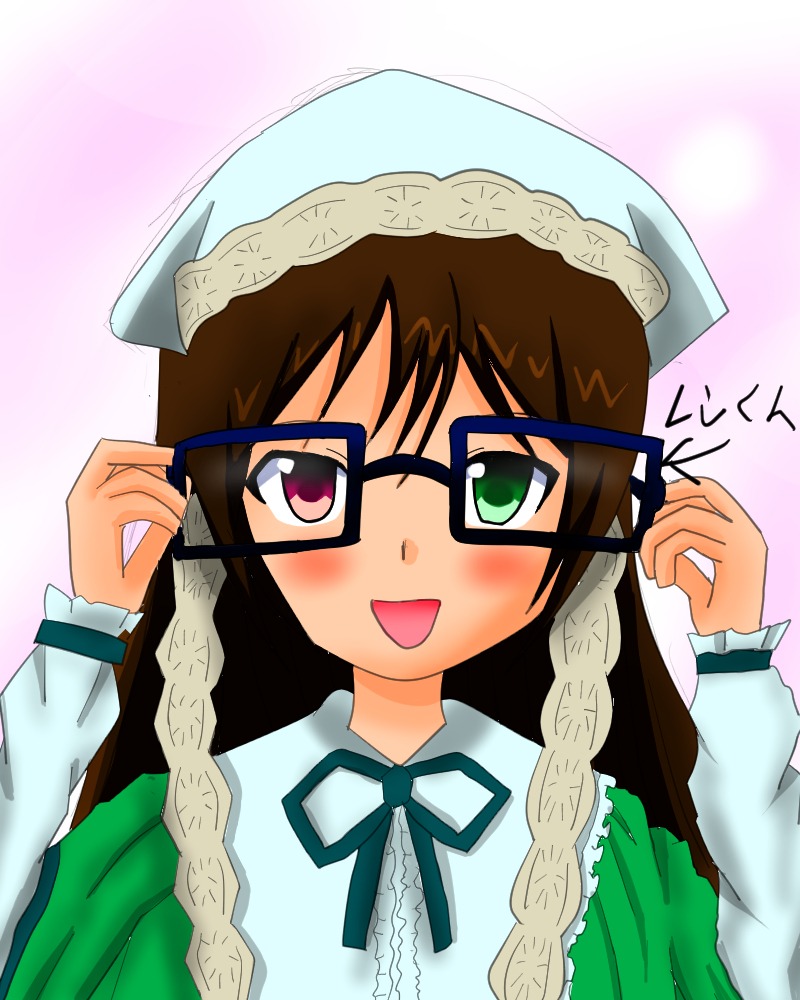 1girl blush braid brown_hair glasses green_eyes heterochromia image long_hair long_sleeves object_on_head ribbon solo suiseiseki upper_body