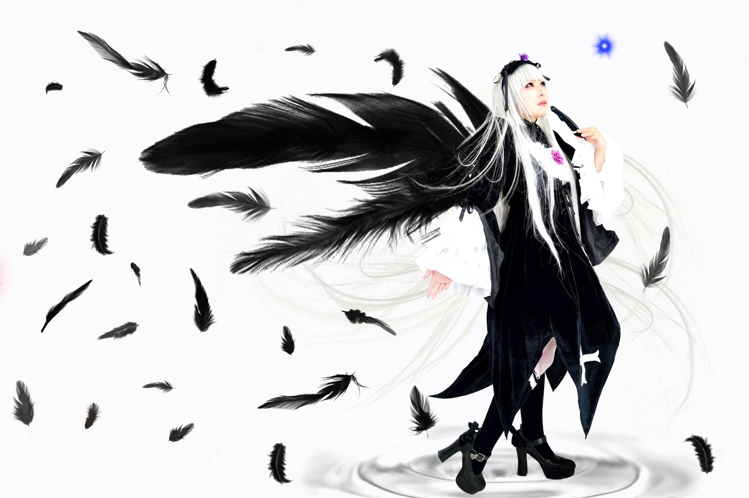 1girl bird bird_on_hand black_feathers black_footwear black_wings boots crow dove feathered_wings feathers flock hairband high_heels long_hair long_sleeves silver_hair solo suigintou very_long_hair white_feathers wings