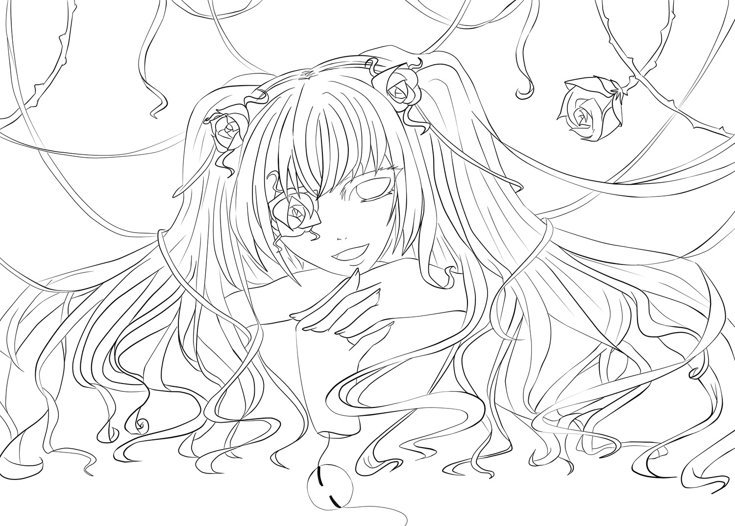 1girl flower hair_flower hair_ornament image kirakishou lineart long_hair monochrome rose smile solo thorns