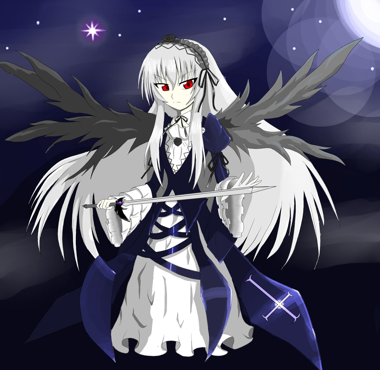 1girl black_ribbon black_wings detached_collar dress flower frills full_body hairband image long_hair long_sleeves looking_at_viewer moon night red_eyes ribbon rose silver_hair solo suigintou very_long_hair wings