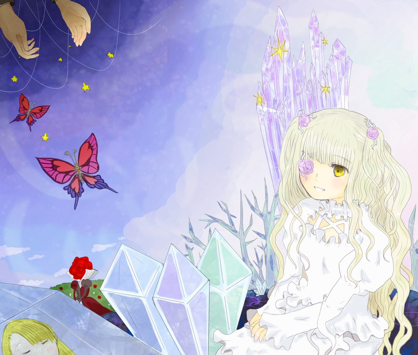 blonde_hair blue_butterfly bug butterfly dress eyepatch flower frills grin image insect kirakishou long_hair multiple_girls red_flower red_rose rose solo wings yellow_eyes