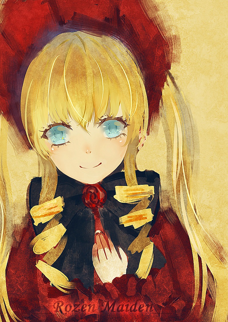 1girl bangs blonde_hair blue_eyes flower gloves hat image long_hair long_sleeves looking_at_viewer red_flower red_rose rose shinku sidelocks smile solo traditional_media upper_body