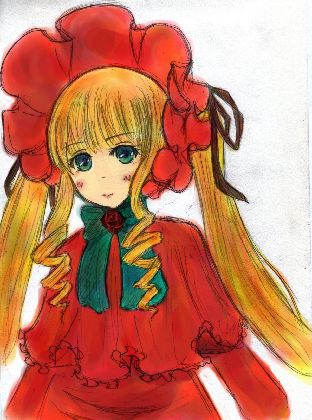 1girl blonde_hair blue_eyes bonnet bow bowtie capelet dress drill_hair flower image long_hair long_sleeves looking_at_viewer red_dress rose shinku sidelocks simple_background solo twin_drills twintails upper_body white_background