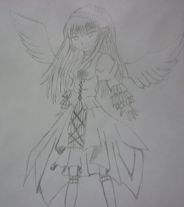 1girl angel_wings boots dress feathered_wings frills greyscale image long_hair long_sleeves looking_at_viewer monochrome simple_background solo standing suigintou traditional_media very_long_hair wings