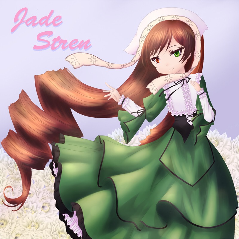 1girl brown_hair dress drill_hair flower frills green_dress green_eyes head_scarf heterochromia image long_hair long_sleeves looking_at_viewer red_eyes ribbon solo suiseiseki very_long_hair