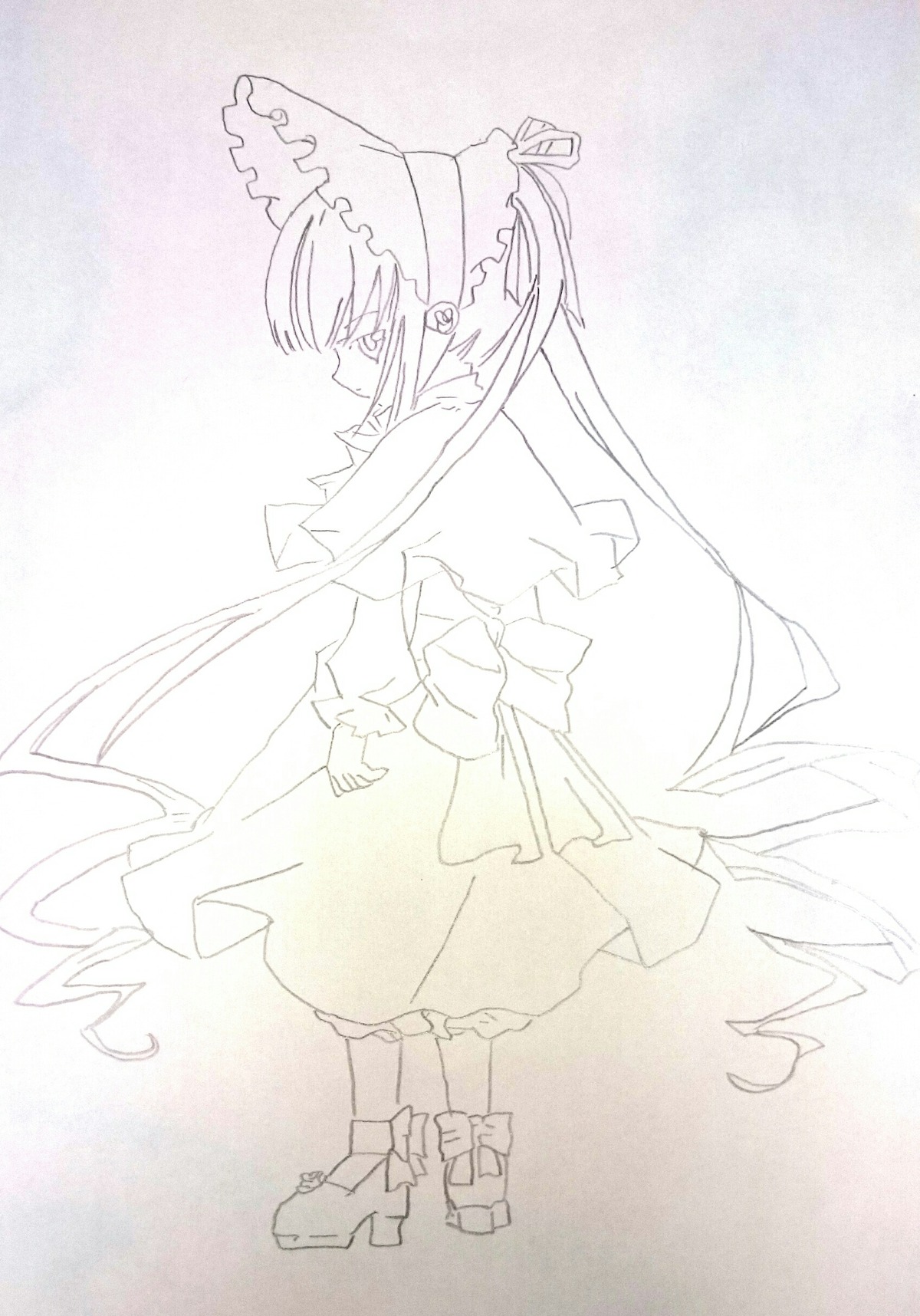 1girl bow dress frills full_body gradient gradient_background image long_hair long_sleeves monochrome shinku shoes skirt solo standing very_long_hair