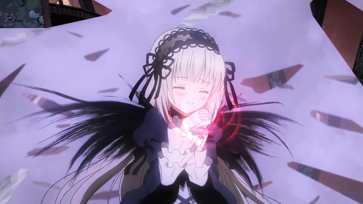 1girl black_dress black_ribbon black_wings building closed_eyes closed_mouth dress flower frilled_sleeves frills hairband image long_hair long_sleeves ribbon rose silver_hair smile solo suigintou very_long_hair wings