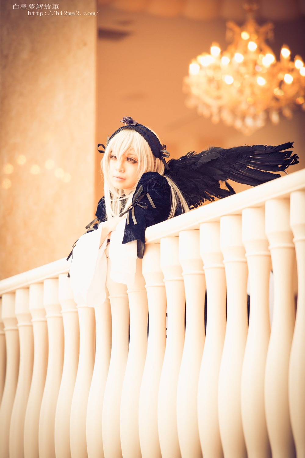 1girl angel angel_wings bird blurry closed_mouth depth_of_field dress feathered_wings feathers long_hair ribbon solo suigintou wings