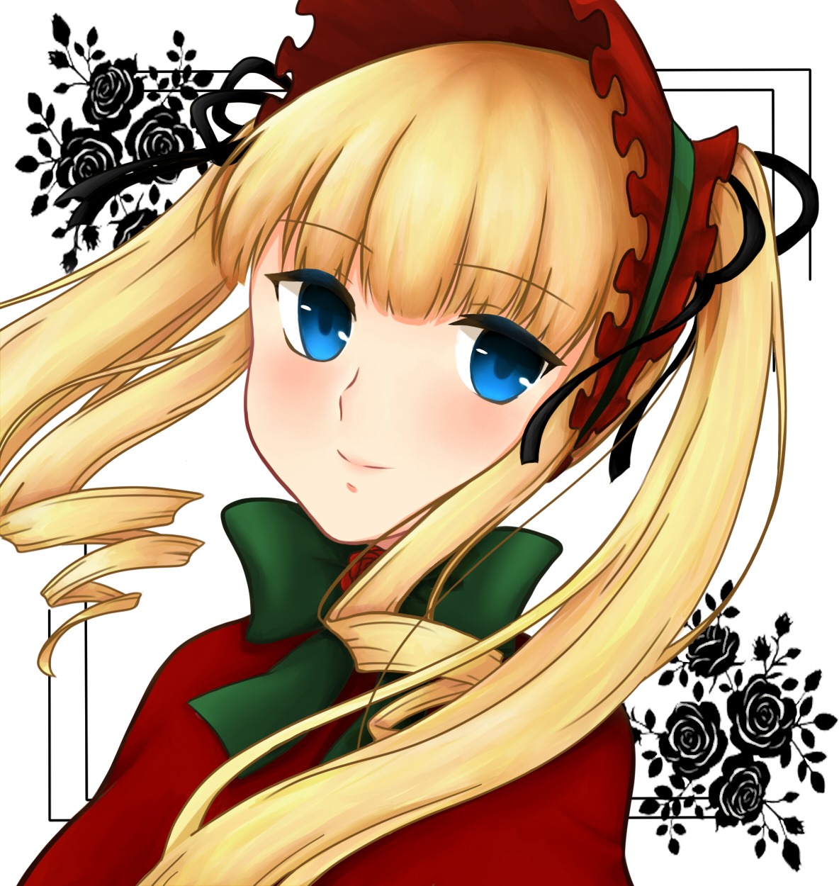 1girl blonde_hair blue_eyes blush bonnet bow drill_hair flower image long_hair looking_at_viewer portrait rose shinku sidelocks smile solo twin_drills twintails upper_body white_background