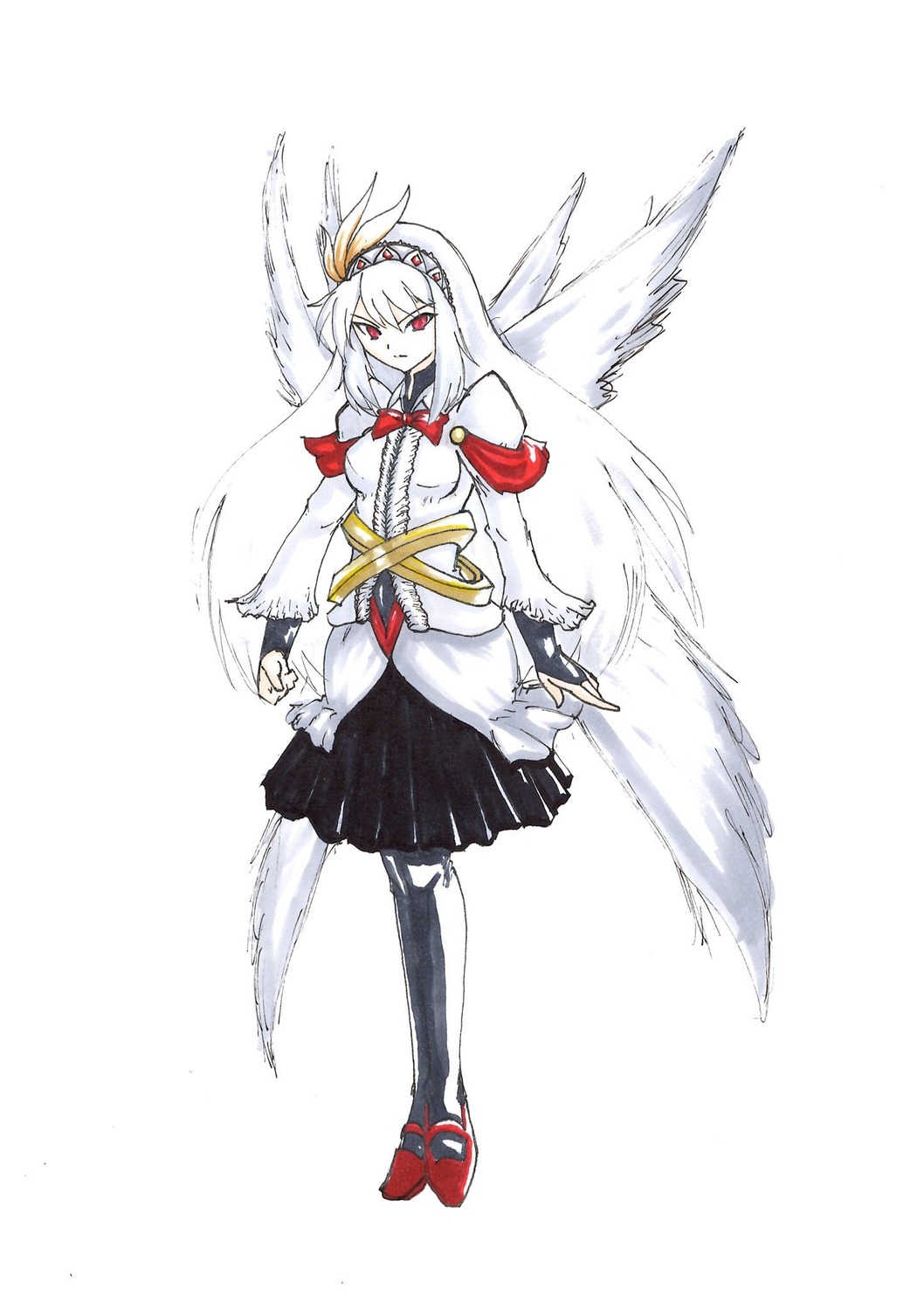 1girl black_legwear feathered_wings full_body hairband image long_sleeves red_eyes skirt solo standing striped suigintou thighhighs white_hair wings