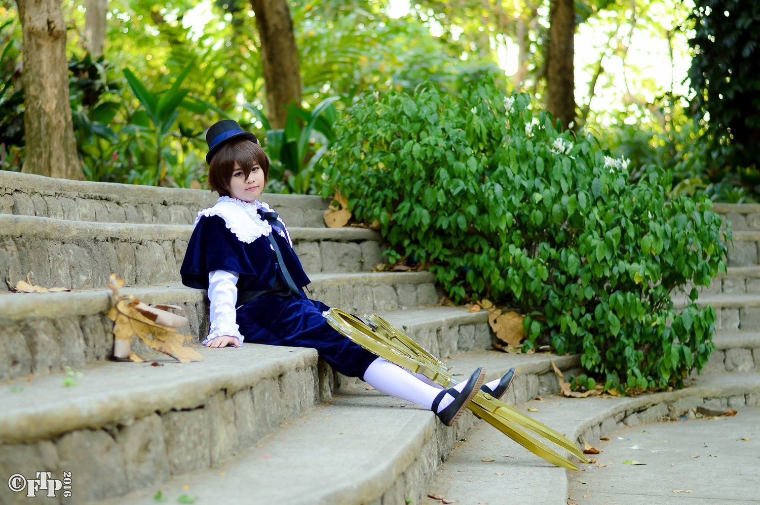 1girl blue_headwear brown_hair day hat outdoors shoes solo souseiseki sunlight tree