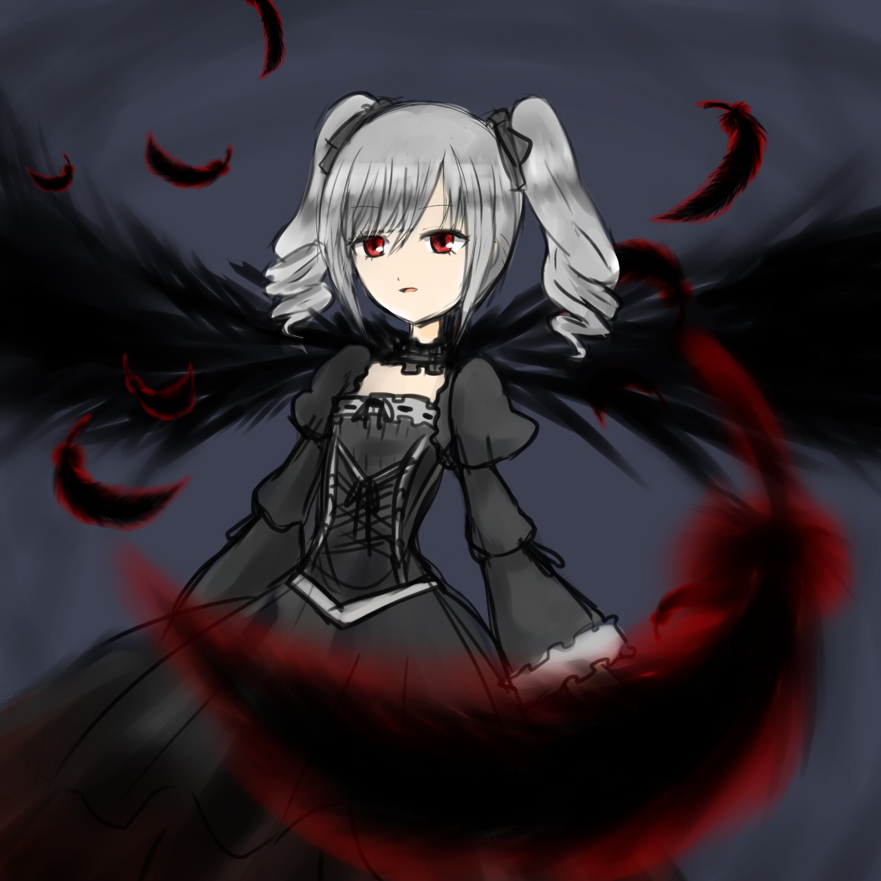 1girl black_feathers black_wings choker dress drill_hair feathers flower gothic_lolita image kanzaki_ranko lolita_fashion long_hair long_sleeves looking_at_viewer red_eyes ribbon silver_hair solo suigintou twin_drills white_feathers wings