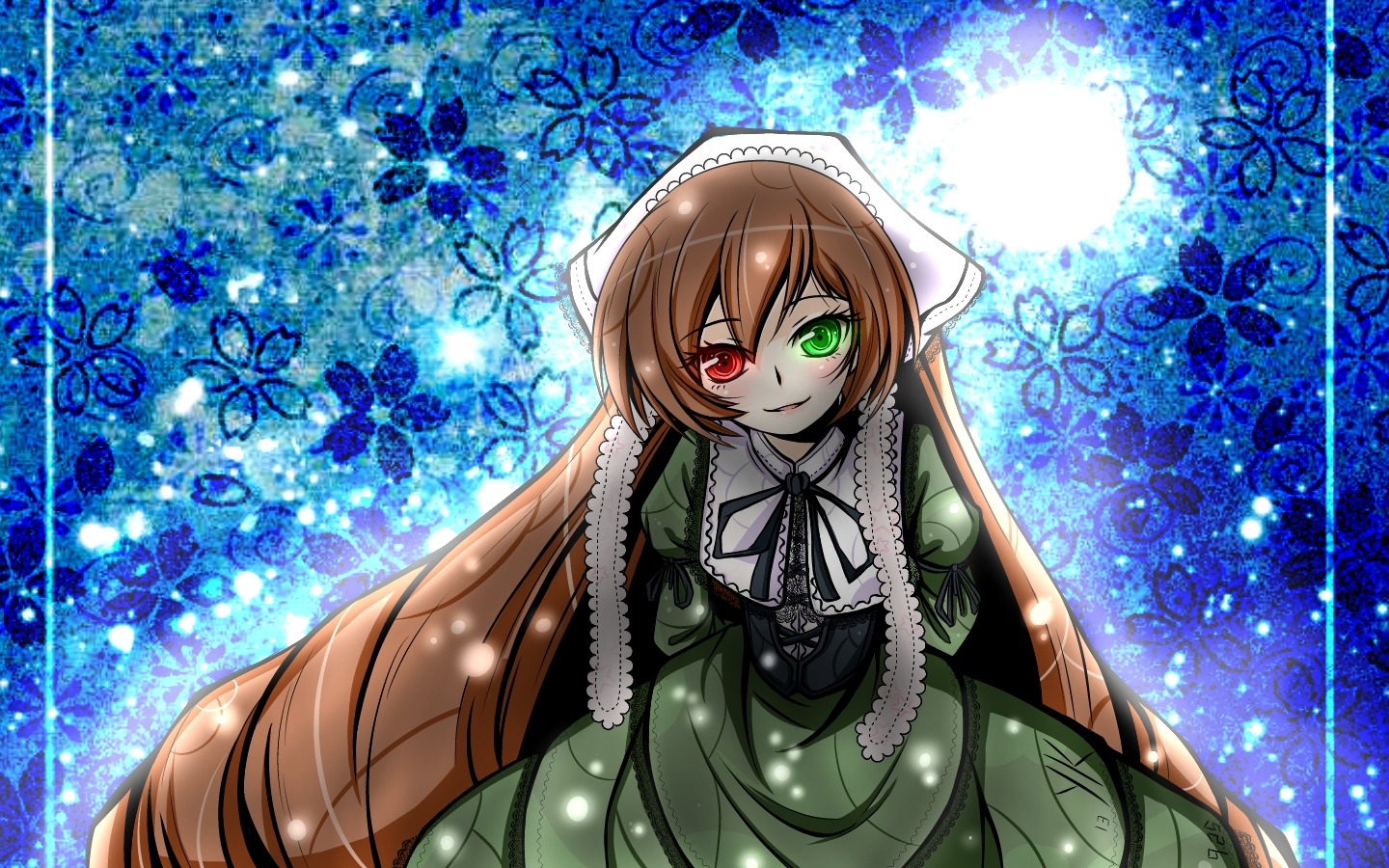 1girl blush brown_hair dress frills green_dress green_eyes heterochromia image long_hair long_sleeves looking_at_viewer red_eyes ribbon smile solo suiseiseki very_long_hair