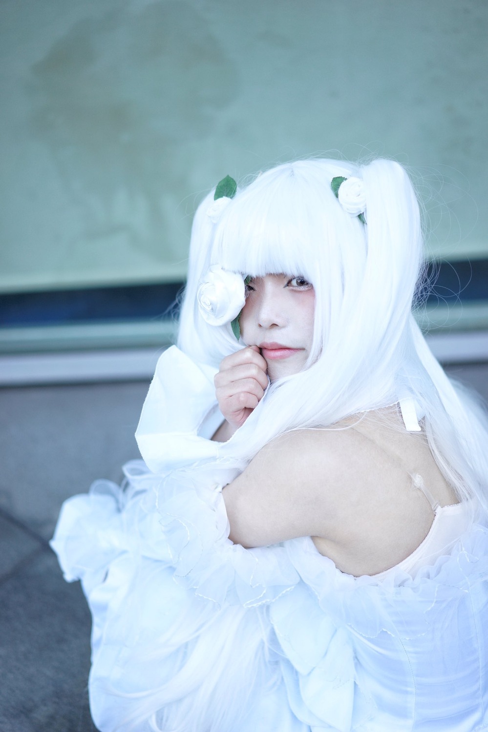 1girl bangs bare_shoulders blurry depth_of_field dress flower kirakishou lips solo white_dress white_hair