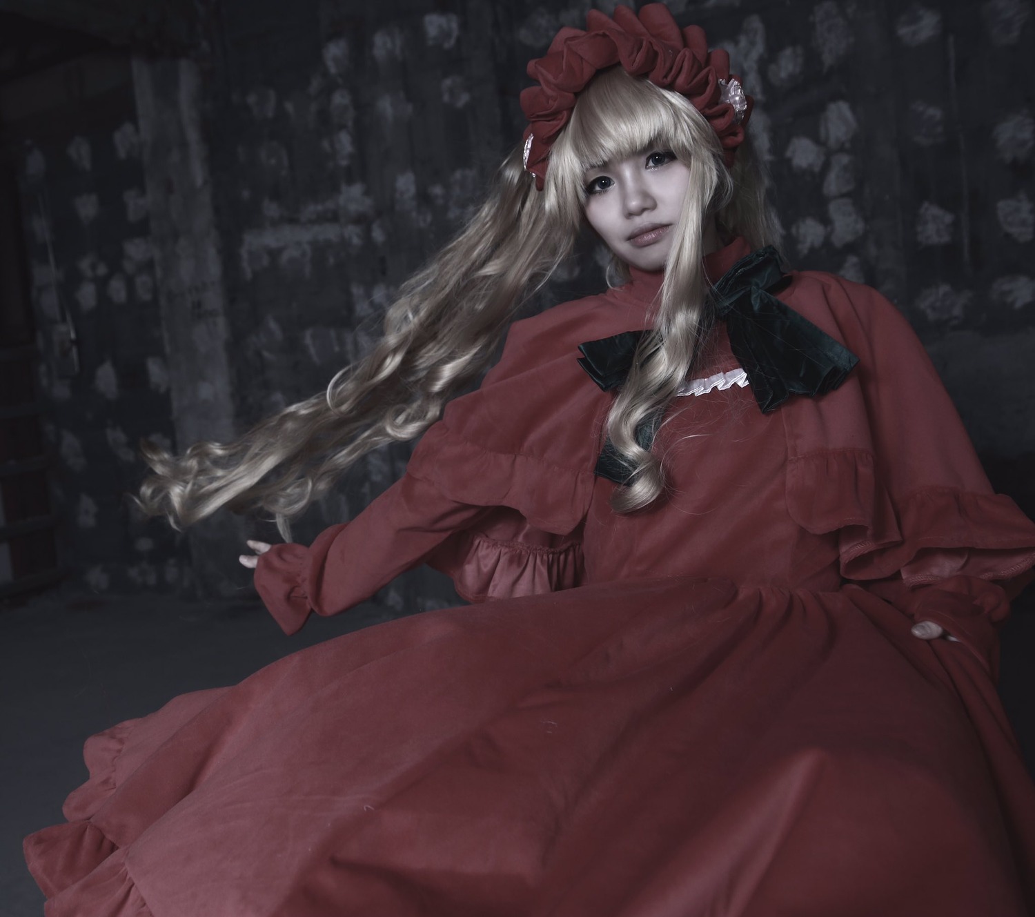 1girl dress frills lips long_hair long_sleeves looking_at_viewer red_dress shinku solo