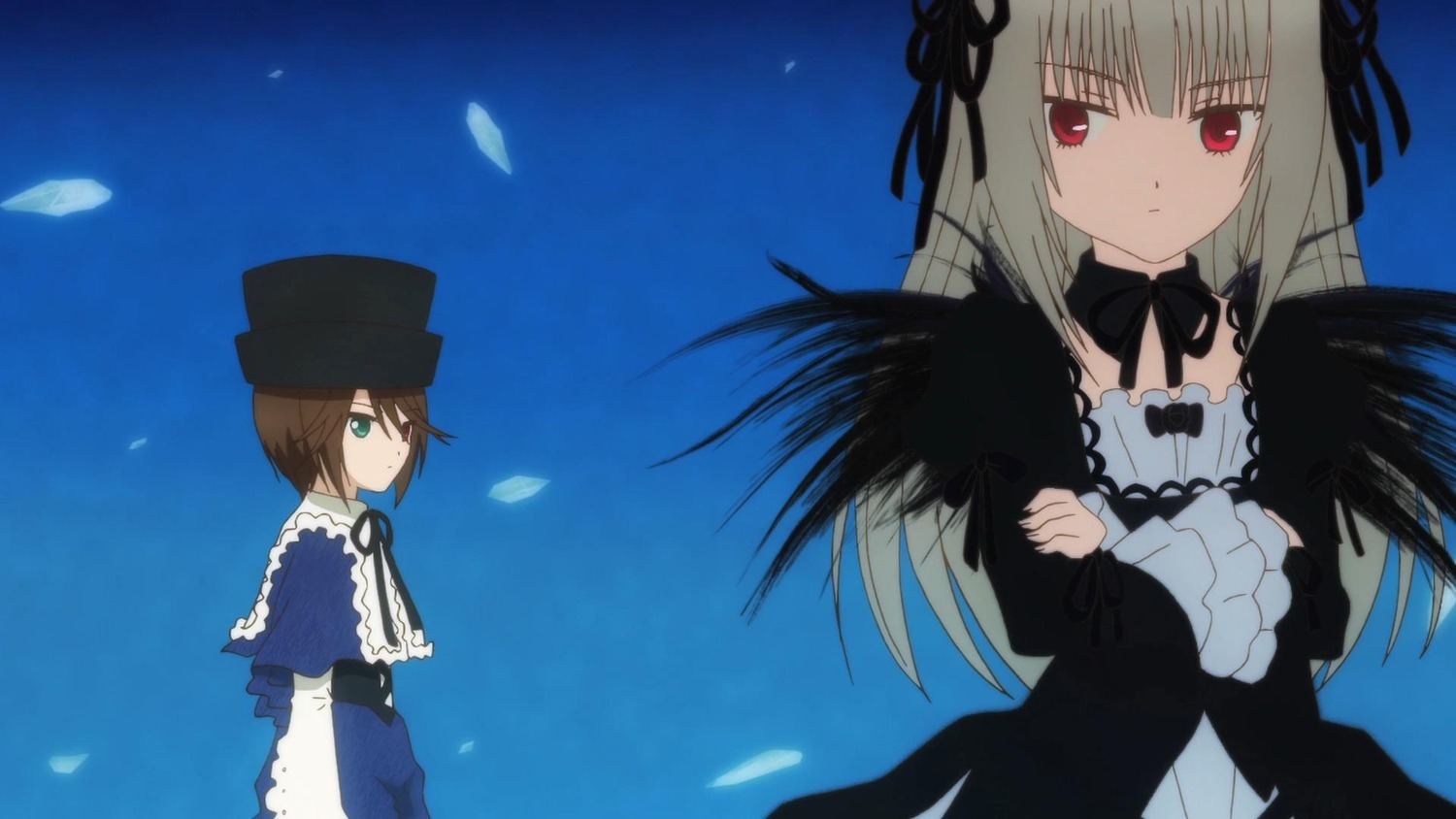 2girls black_dress black_wings brown_hair dress expressionless feathers flower frills green_eyes hairband hat image long_hair long_sleeves looking_at_viewer multiple_girls pair petals red_eyes ribbon rose short_hair silver_hair souseiseki suigintou wings