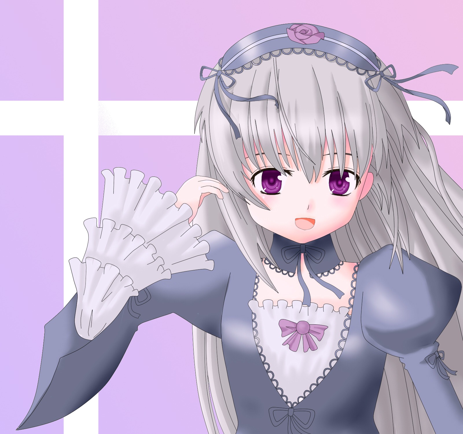 1girl :d detached_collar dress flower frills gothic_lolita hairband image juliet_sleeves lolita_fashion lolita_hairband long_hair long_sleeves looking_at_viewer open_mouth puffy_sleeves purple_eyes ribbon rose silver_hair smile solo striped_background suigintou upper_body