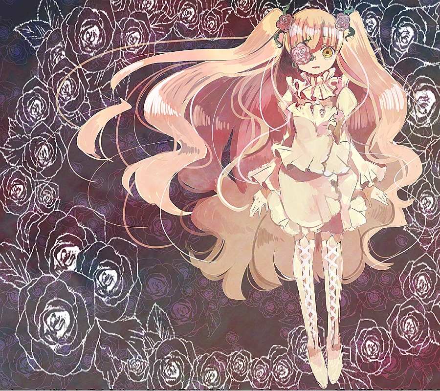 1girl black_flower black_rose blonde_hair blue_flower blue_rose boots eyepatch flower hatsune_miku image kirakishou long_hair pink_flower pink_hair pink_rose purple_flower purple_rose red_flower red_rose rose rose_petals solo thigh_boots thighhighs thorns twintails very_long_hair vines white_rose yellow_eyes yellow_rose