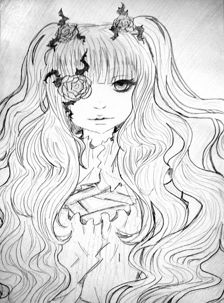 1girl flower greyscale hair_flower image kirakishou long_hair monochrome rose solo traditional_media upper_body wavy_hair