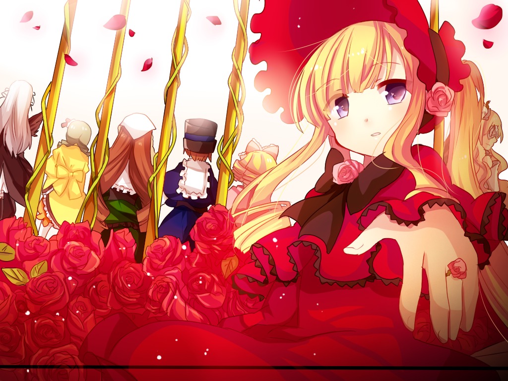 blonde_hair blue_eyes bonnet dress flower frills hat image long_hair multiple multiple_girls petals pink_flower pink_rose red_flower red_rose rose rose_petals shinku tagme twintails yellow_rose