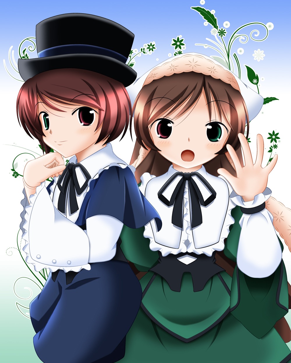 2girls black_ribbon brown_hair dress green_dress green_eyes hat head_scarf heterochromia image long_hair long_sleeves looking_at_viewer multiple_girls open_mouth pair red_eyes short_hair siblings sisters souseiseki suiseiseki top_hat twins