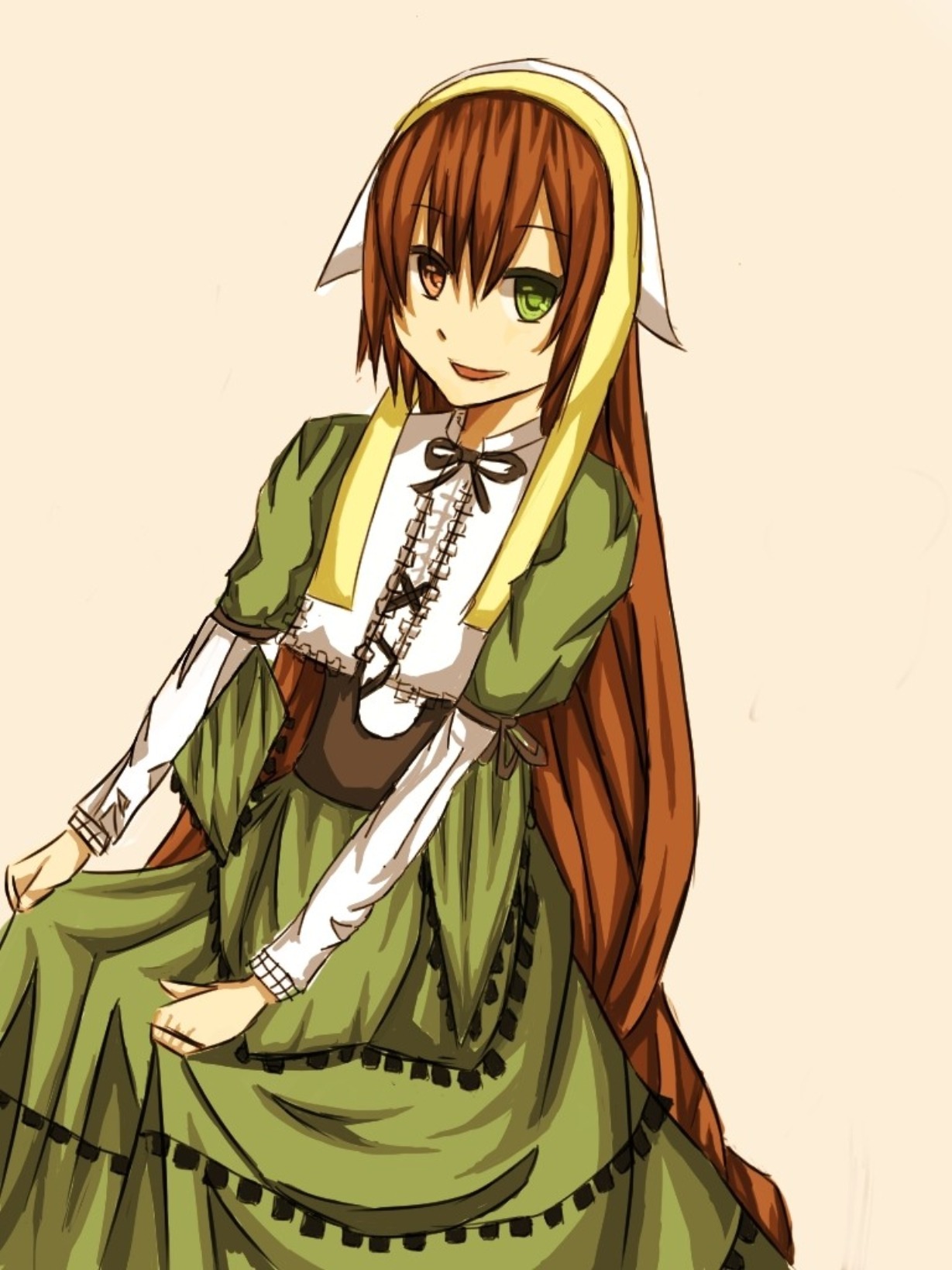 1girl :d auto_tagged brown_hair corset dress green_dress green_eyes heterochromia image long_hair long_sleeves looking_at_viewer open_mouth simple_background smile solo suiseiseki very_long_hair