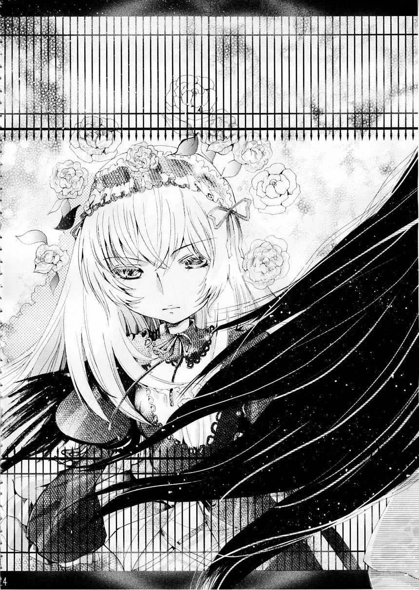 1girl dress flower greyscale image long_hair looking_at_viewer monochrome ribbon rose solo suigintou wings