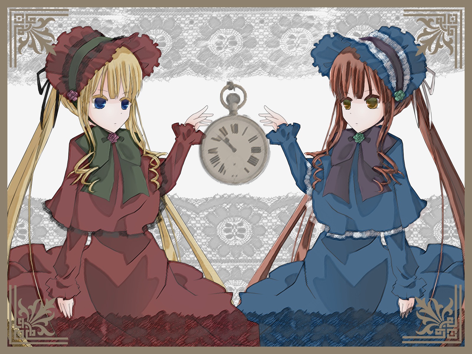 2girls auto_tagged blonde_hair blue_eyes bonnet bow bowtie brown_hair capelet dress expressionless flower hat image long_hair long_sleeves looking_at_viewer multiple_girls red_dress shinku sidelocks sitting solo twintails very_long_hair