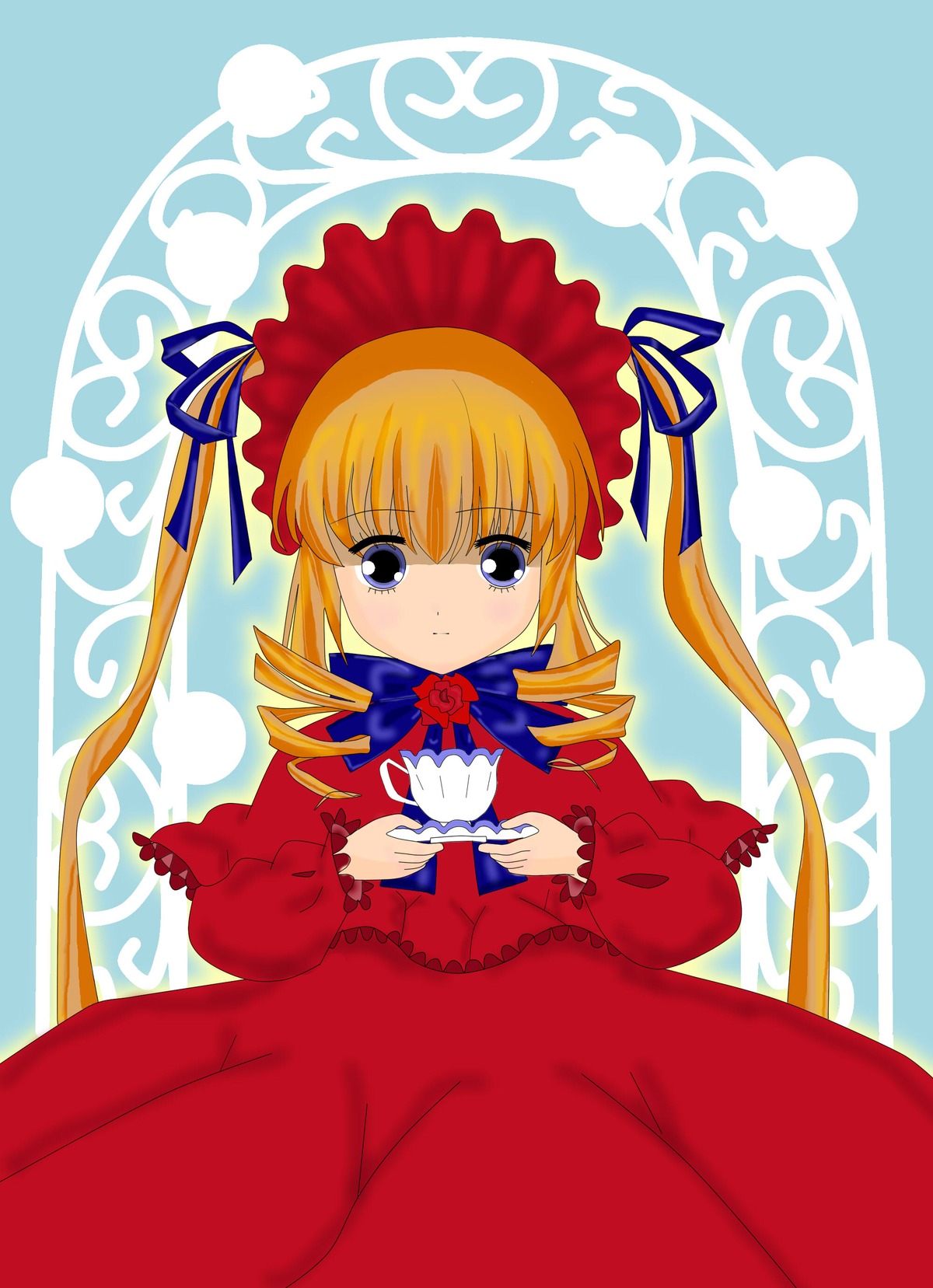 1girl blonde_hair blue_eyes bonnet bow bowtie dress drill_hair flower hair_ribbon holding image long_hair long_sleeves looking_at_viewer red_dress ribbon rose shinku solo twin_drills twintails