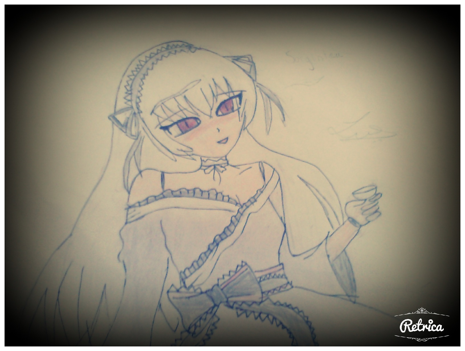 1girl bare_shoulders black_border border choker dated dress frills hairband image lolita_hairband long_hair long_sleeves looking_at_viewer monochrome solo suigintou traditional_media