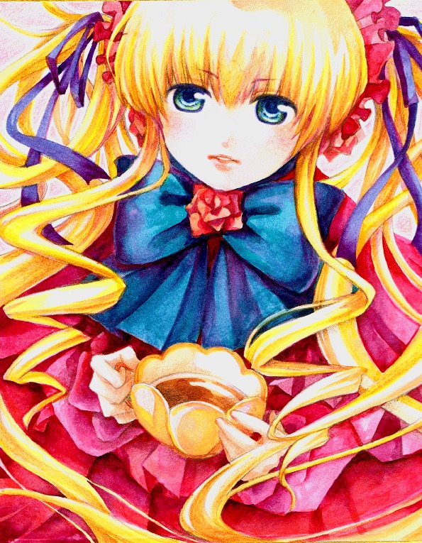 1girl blonde_hair blue_eyes bow bowtie dress drill_hair flower hair_ribbon image long_hair long_sleeves marker_(medium) ribbon shinku solo traditional_media twintails very_long_hair