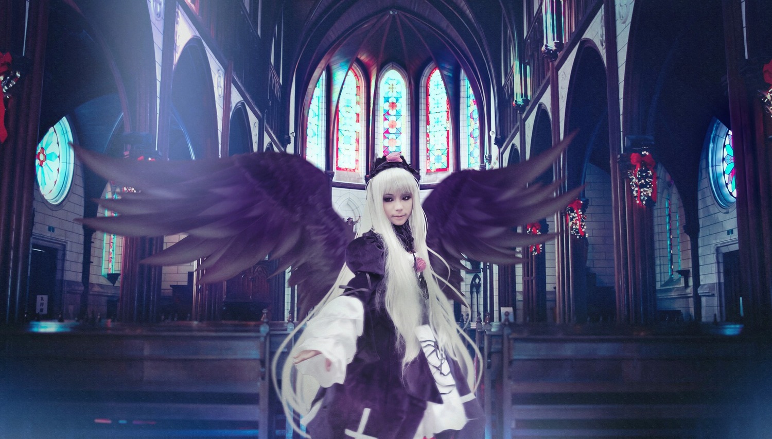 1girl black_wings church dress feathered_wings hairband long_hair purple_eyes ribbon silver_hair solo stained_glass suigintou wings