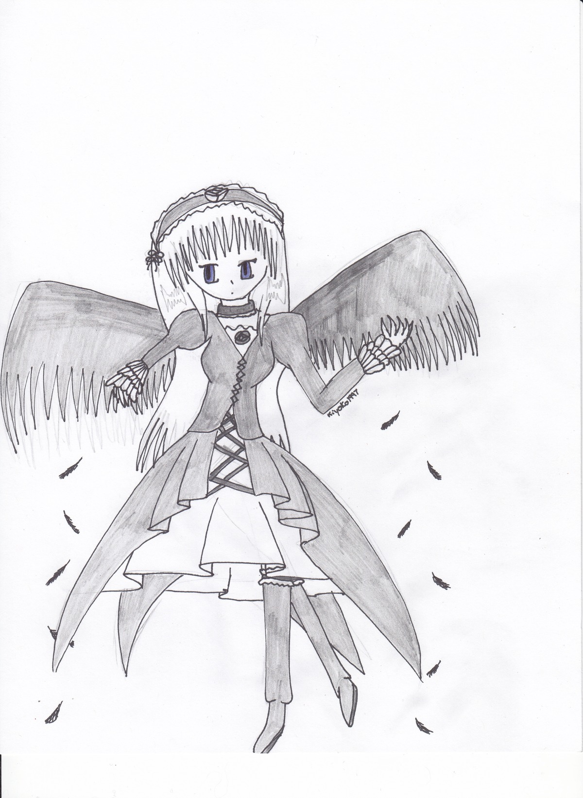 1girl choker dress feathers full_body greyscale hairband image long_sleeves looking_at_viewer monochrome solo standing suigintou thighhighs wings