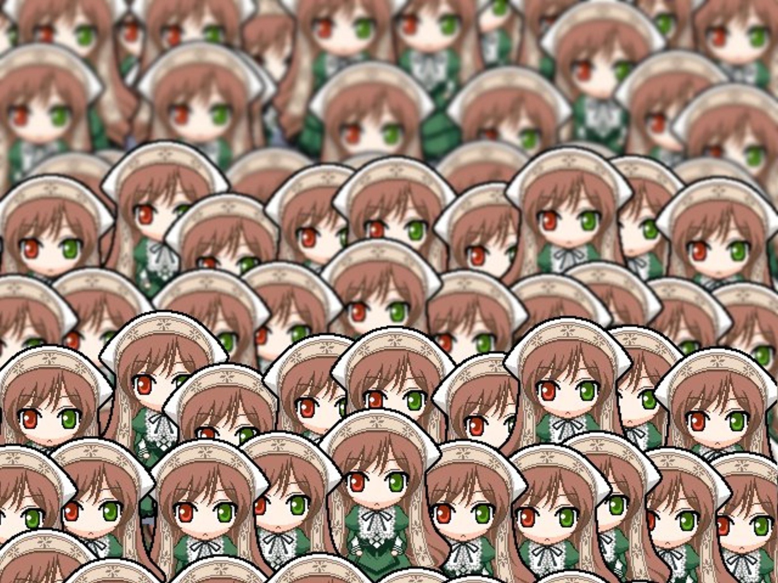 1girl angry animal_ears chibi dress expressions frown green_eyes hat heterochromia image open_mouth red_eyes sad short_hair smile solo suiseiseki too_many