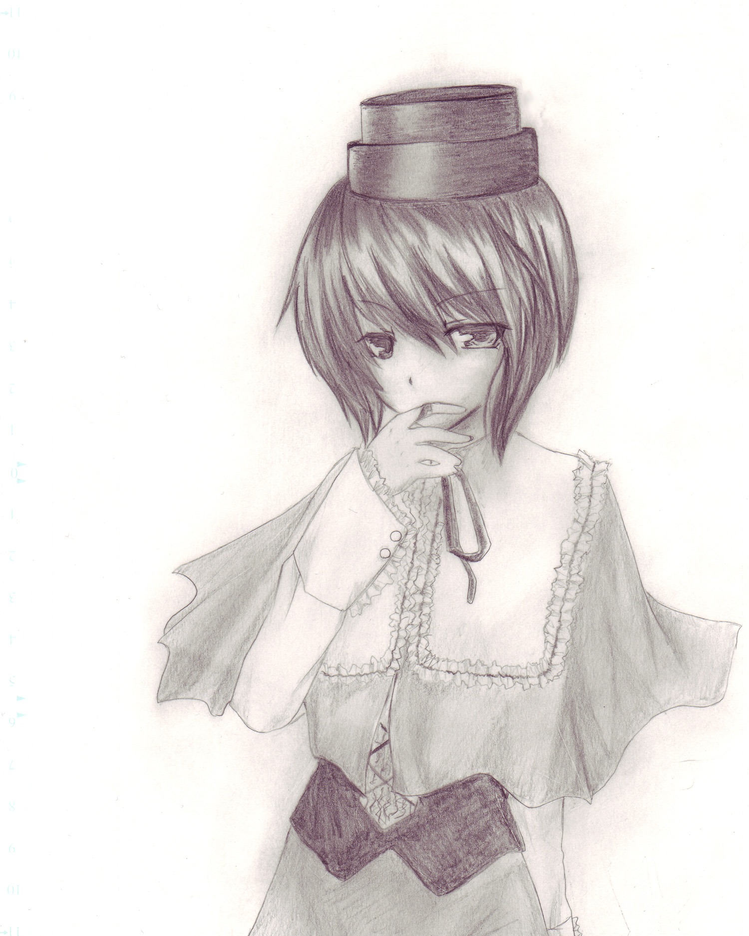 1girl bangs capelet covering_mouth eyebrows_visible_through_hair frills hat image long_sleeves looking_at_viewer monochrome open_shirt short_hair skirt solo souseiseki striped traditional_media