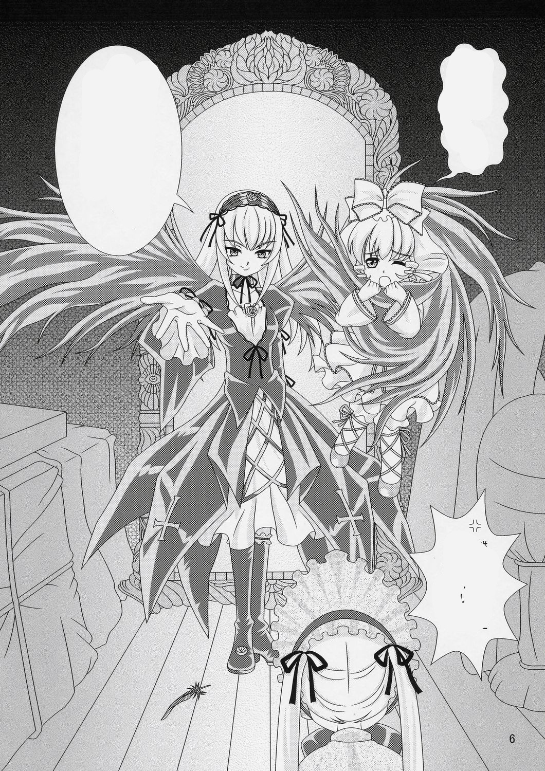 2girls boots comic dress frills greyscale hairband hinaichigo image lolita_hairband long_hair long_sleeves monochrome multiple_girls pair suigintou very_long_hair wings