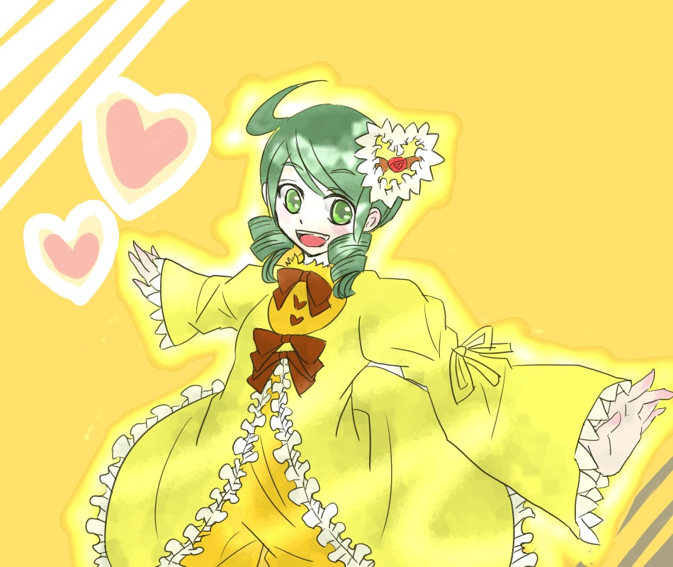 1girl ahoge bow dress drill_hair flower frills green_eyes green_hair hair_ornament heart image kanaria long_sleeves open_mouth simple_background smile solo twin_drills yellow_background yellow_dress yellow_theme