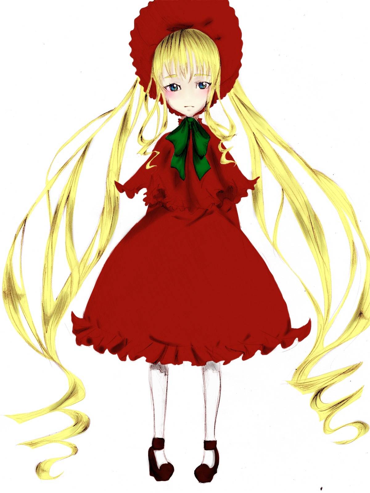 1girl blonde_hair blue_eyes bonnet bow bowtie dress drill_hair full_body green_bow green_neckwear image long_hair long_sleeves looking_at_viewer pantyhose red_dress shinku shoes simple_background solo standing twintails very_long_hair white_background white_legwear