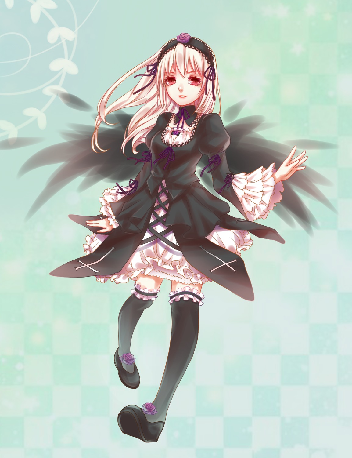 1girl argyle argyle_background argyle_legwear black_legwear checkered checkered_background checkered_floor dress frills full_body gothic_lolita hairband image lolita_fashion lolita_hairband long_hair long_sleeves puffy_sleeves red_eyes ribbon silver_hair solo standing suigintou thighhighs tile_floor tiles wings