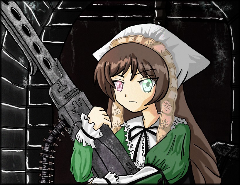 1girl brown_hair dress frills green_dress green_eyes heterochromia holding image long_hair long_sleeves red_eyes ribbon solo suiseiseki weapon