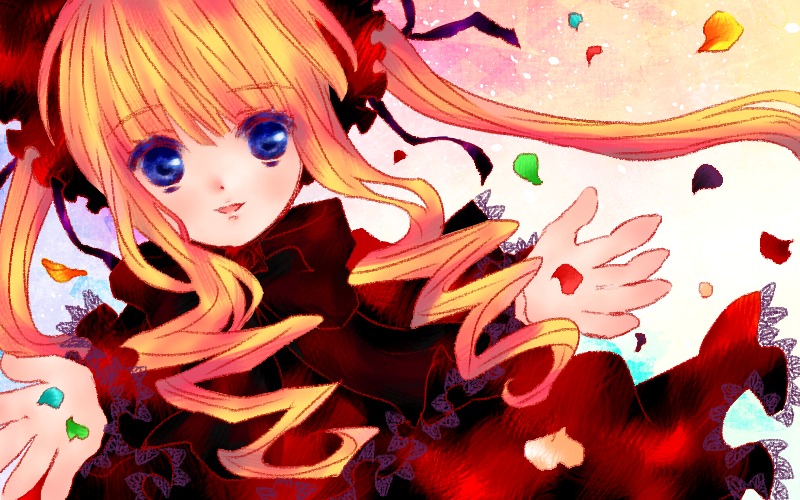 1girl blonde_hair blue_eyes dress drill_hair image long_hair long_sleeves looking_at_viewer outstretched_hand petals ribbon rose_petals shinku smile solo twin_drills twintails