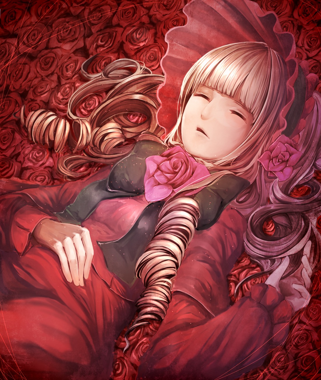 1girl blunt_bangs closed_eyes dress drill_hair flower image lolita_fashion long_hair lying on_back pink_rose red_flower red_rose red_theme rose rose_petals shinku solo thorns